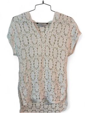Trina Turk Crochet V-Neck Hooded White Top Size L Made in California Resortwear